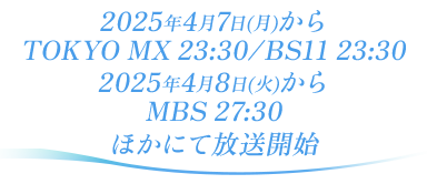 2025年4月7日からTOKYO MX 23:30 BS11 23:30 MBS 27:30 ほかにて放送開始